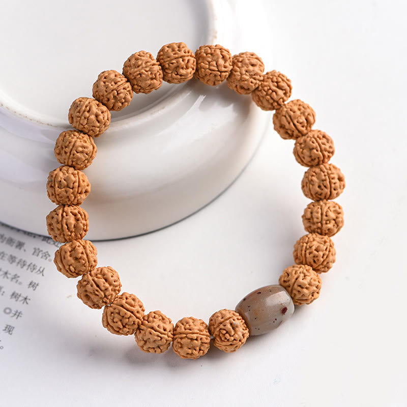Tibetan Rudraksha & Bodhi Seed Bracelet with Hetian Jade and Gold Sheen Obsidian