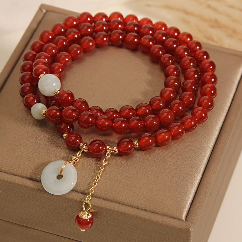 Natural Red Agate and Jade Ping An Kou Triple Wrap Bracelet