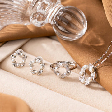 925 Sterling Silver Pearl Leaf Design Healing Wisdom Necklace Pendant Ring Earrings Set