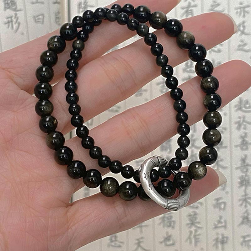 999 Sterling Silver Black Obsidian Fulfillment Strength Double Layer Bracelet
