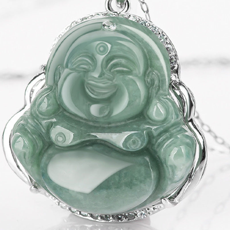 925 Sterling Silver Laughing Buddha Jade Abundance Necklace Chain Pendant