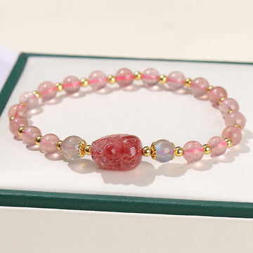 Moonstone Strawberry Quartz Tourmaline PiXiu Healing Bracelet