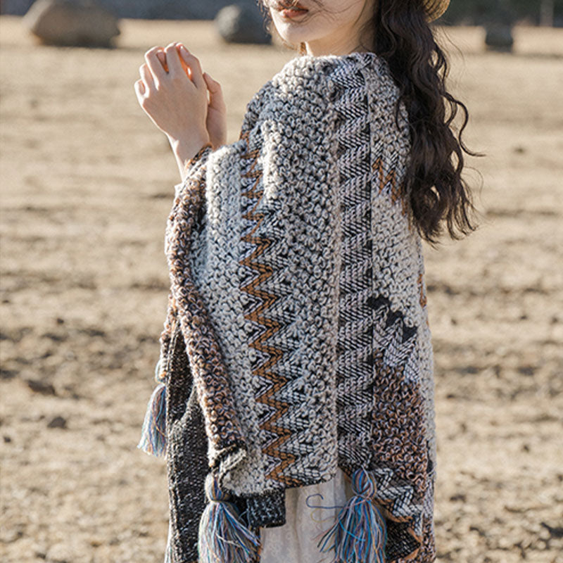 Tibetan Shawl Gray Brown Striped Knitted Tassels Winter Cozy Travel Scarf Wrap