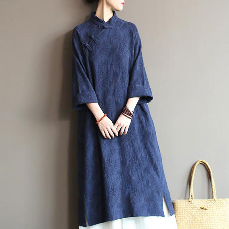Flower Jacquard Midi Dress Long Sleeve Cotton Linen Dress Wide Leg Pants With Pockets