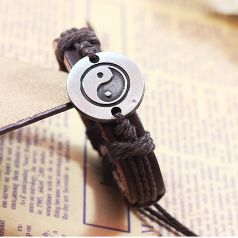 Retro Yin Yang Leather & Wax Rope Harmony Bracelet