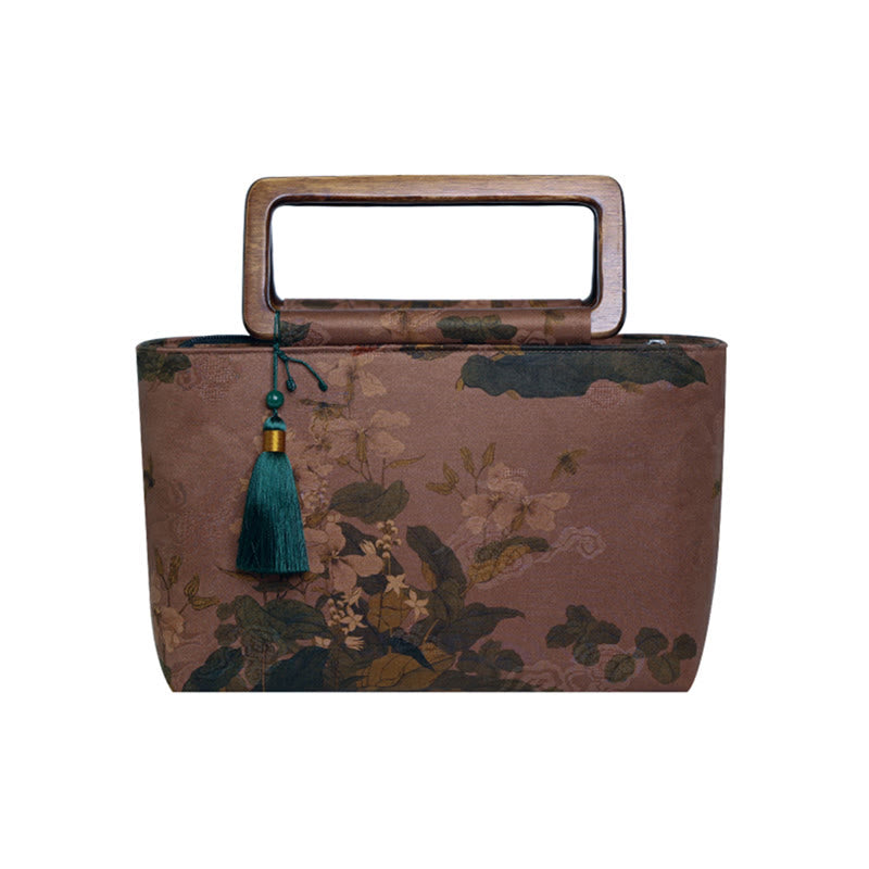 Vintage Brown Flowers Green Bamboo Leaves Wood Handles Zipper Handbag