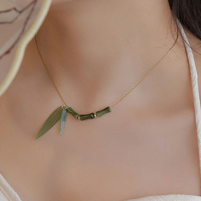 Bamboo Leaf Jade Design Wealth Necklace Pendant