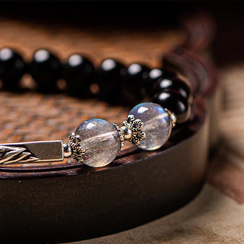 925 Sterling Silver Black Obsidian and Moonstone Beaded Couple Bracelet Set