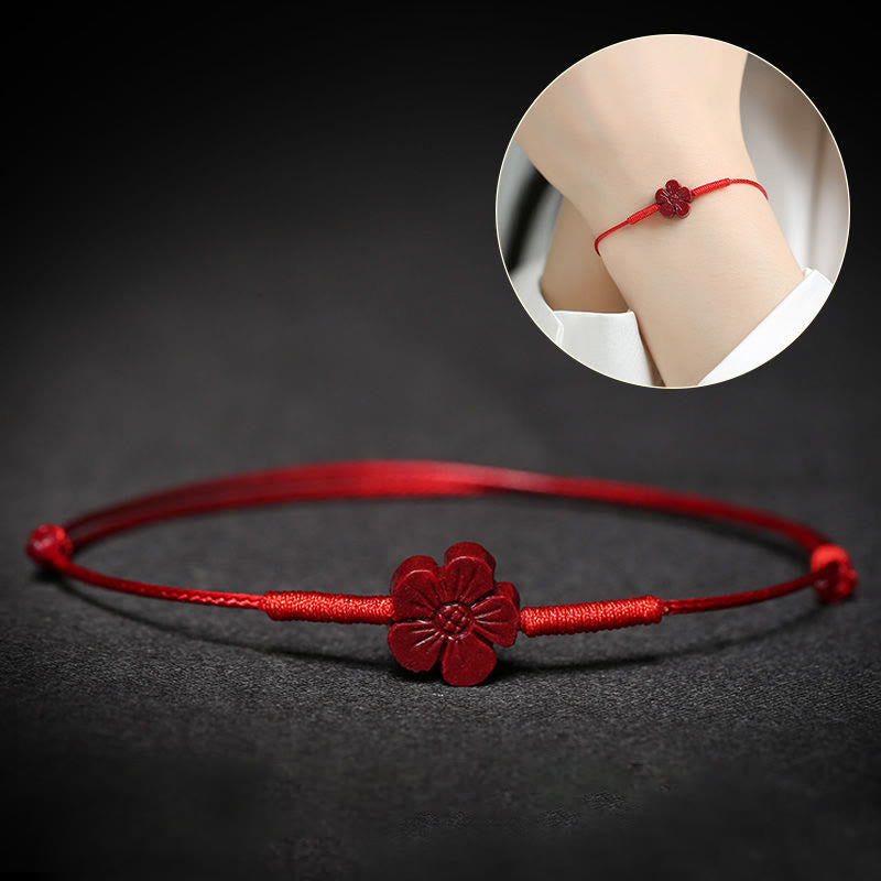 Handmade Cinnabar Braided Red String Bracelet with Carved Symbolic Charms