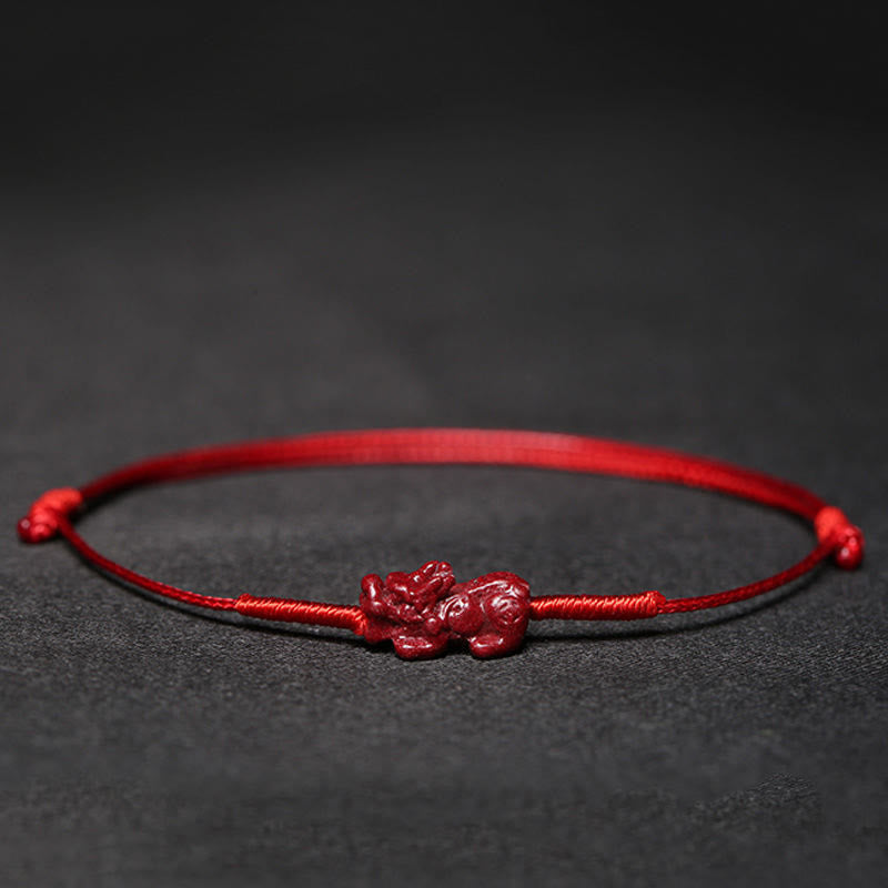 Handmade Cinnabar Braided Red String Bracelet with Carved Symbolic Charms