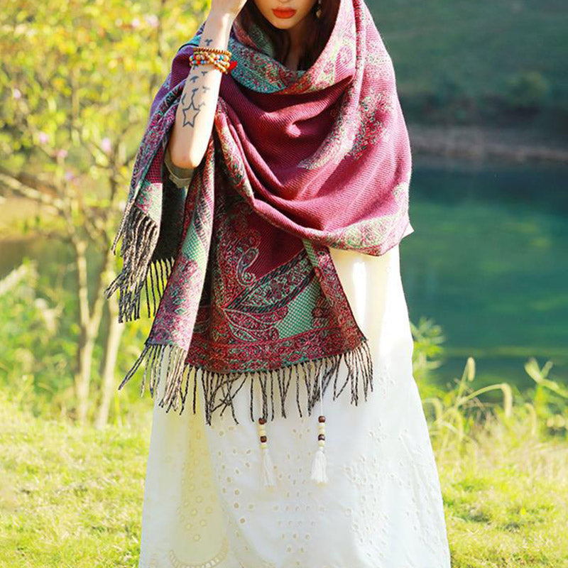 Tibetan Vine Leaves Pattern Design Shawl Cozy Travel Scarf Wrap