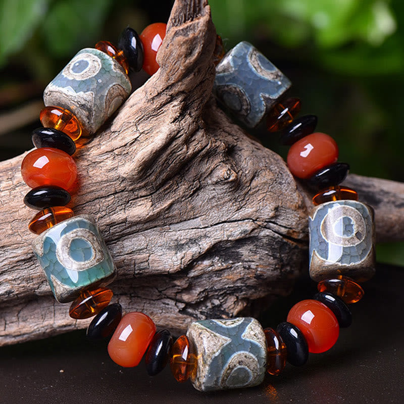Tibetan Three-eyed Dzi Bead Agate Protection Happiness Bracelet