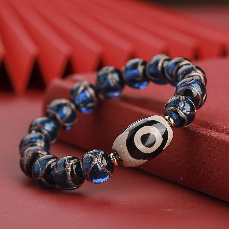 Hand-Finished Tibetan Style Dzi Bead and Vibrant Liuli Glass Beaded Bracelet