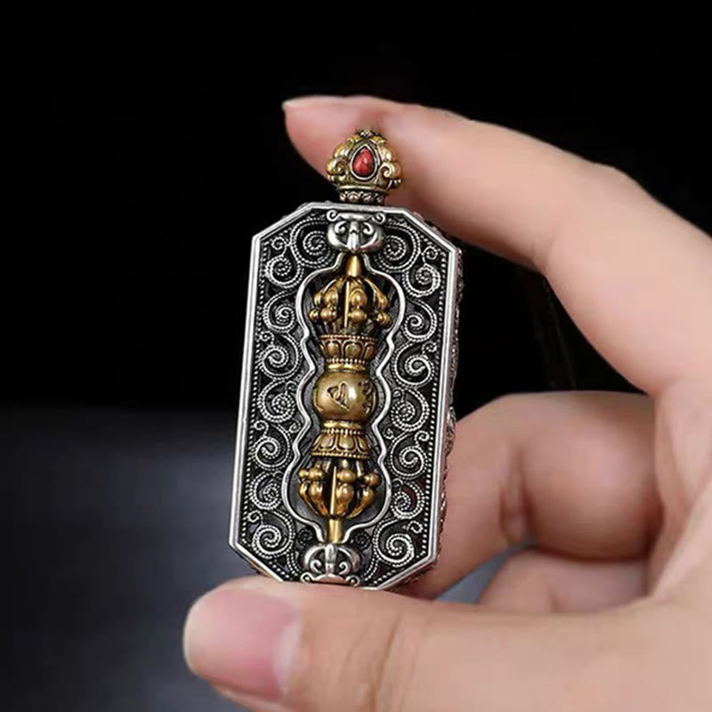 Tibetan Om Mani Padme Hum Carved Dorje Vajra Rotatable Lotus Pattern Purity Rope Necklace Pendant