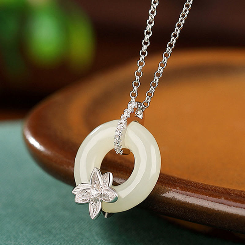 925 Sterling Silver Hetian Jade Peace Buckle Flower Luck Necklace Pendant