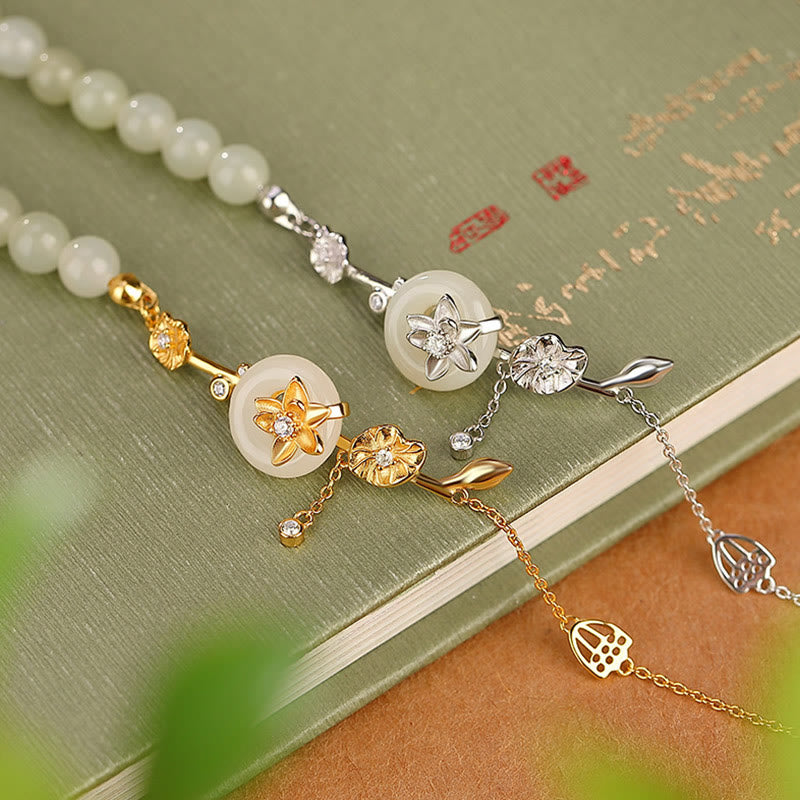 925 Sterling Silver Hetian Jade Peace Buckle Lotus Luck Chain Bracelet