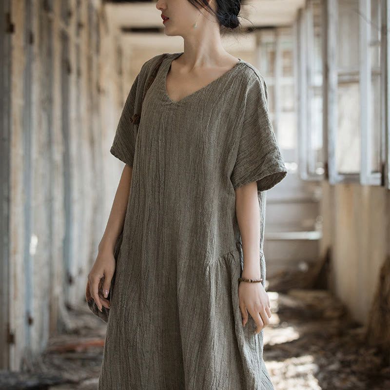 Handmade Tie Dye V-Neck Midi Dress Linen Short Sleeve Dress