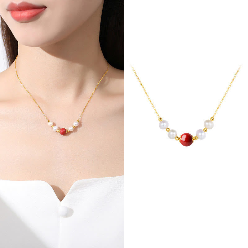 925 Sterling Silver Pearl Cinnabar Sincerity Healing Bead Chain Necklace Pendant