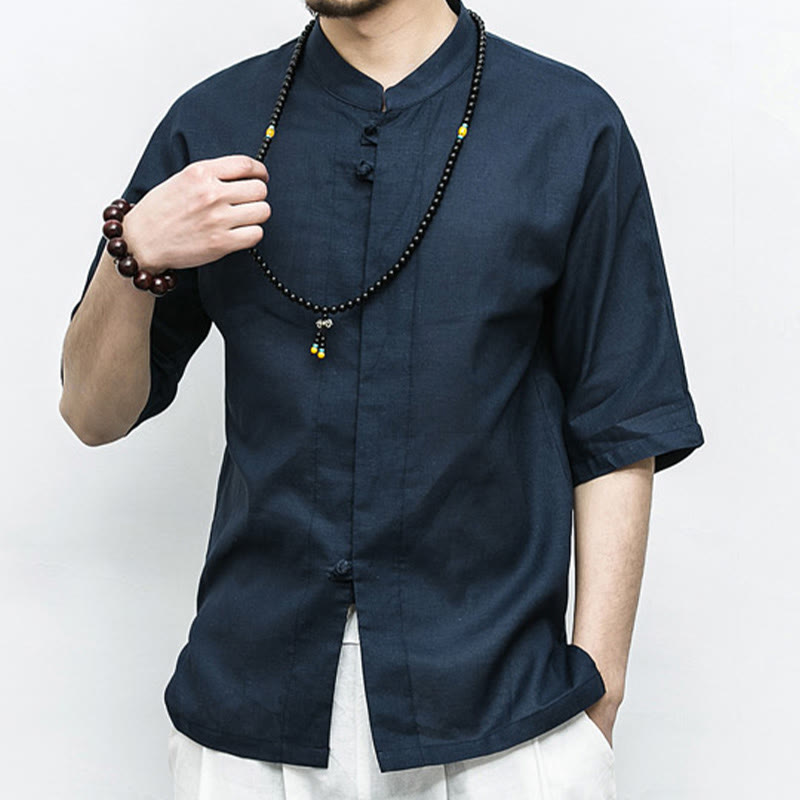 Chinese Frog-Button Tang Suit Zen Half Sleeve Shirt Linen Men Clothing