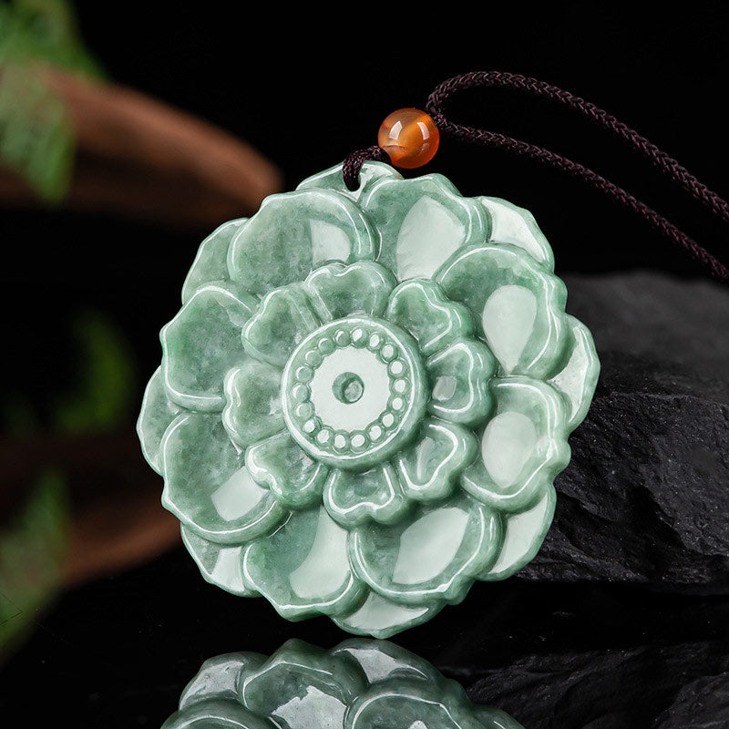 Lotus Pattern Jade Luck Prosperity Necklace Pendant