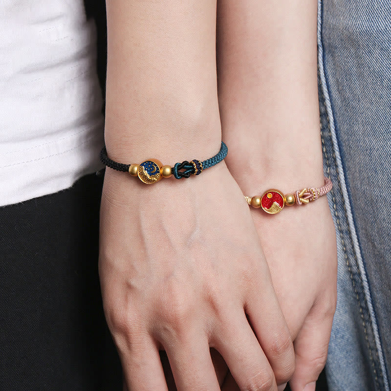 Handmade Mountain and Sea Engraved Luck Two-Color String Couple Bracelet