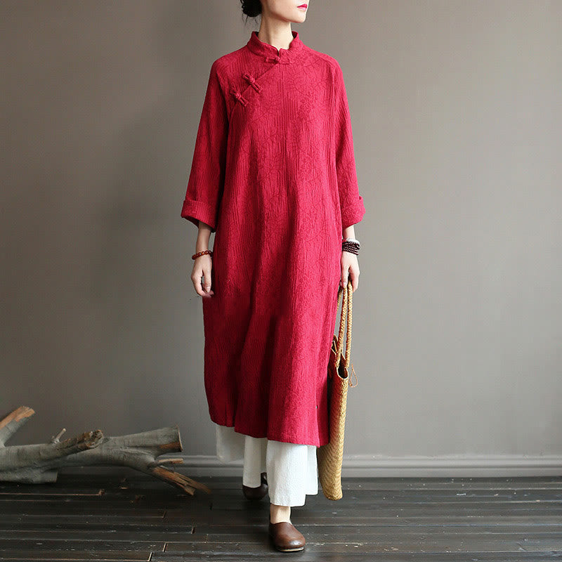 Flower Jacquard Midi Dress Long Sleeve Cotton Linen Dress Wide Leg Pants With Pockets