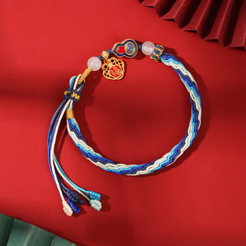 Handmade 925 Sterling Silver Wu Lou Endless Knot Hand-Woven Red String Bracelet