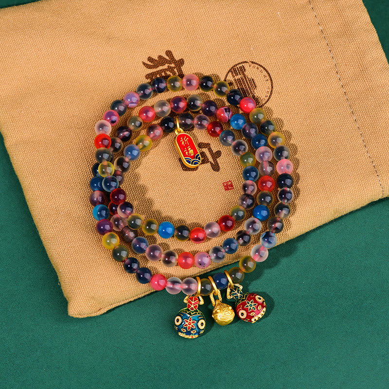 Colorful Candy Agate Gold Swallowing Beast Family Strength Charm Triple Wrap Bracelet