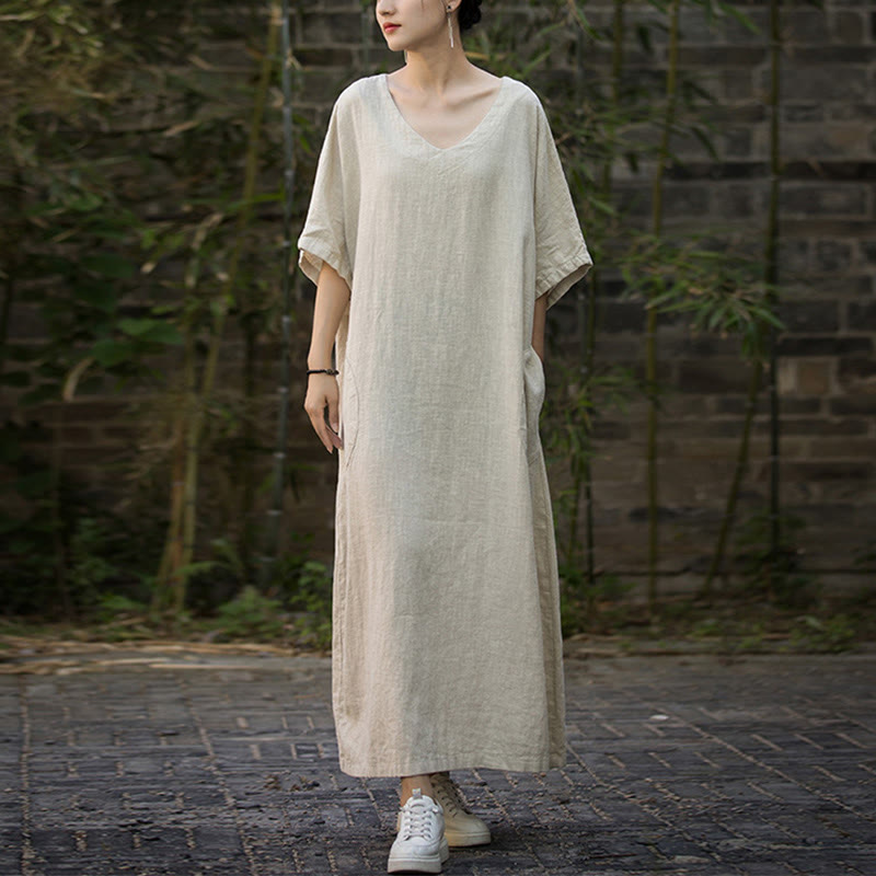 Solid Color V-Neck Half Sleeve Ramie Linen Midi Dress With Pockets