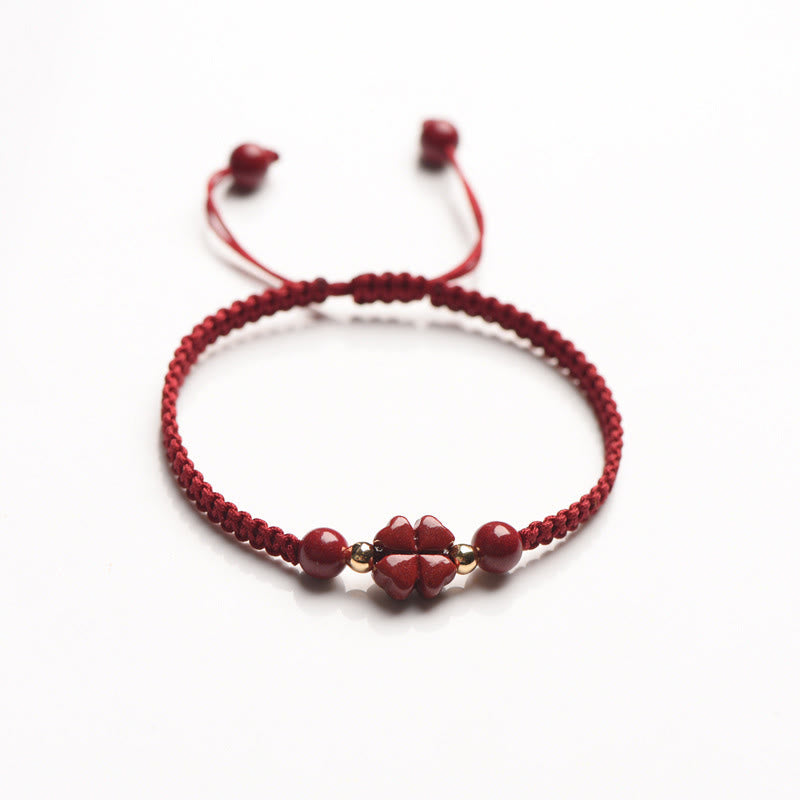 Hand-Woven Red String Cinnabar Clover and Flower Charm Bracelet