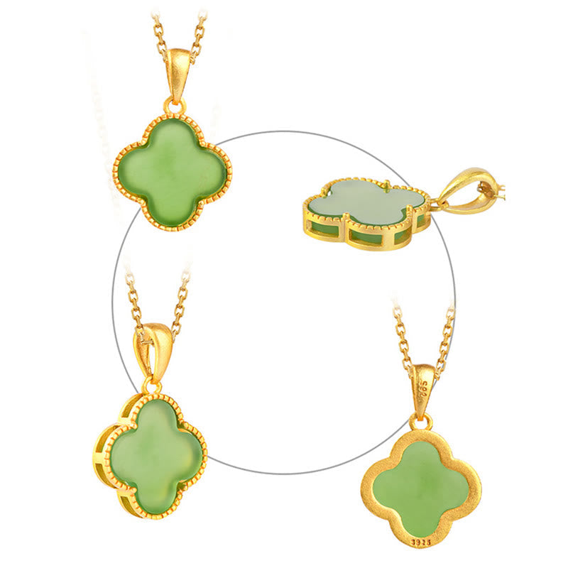 925 Sterling Silver Natural Hetian Jade Luck Four Leaf Clover Necklace Pendant