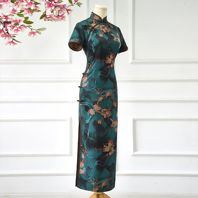 Vintage Pink Flowers Print Cheongsam Dress Women's Qipao Dress