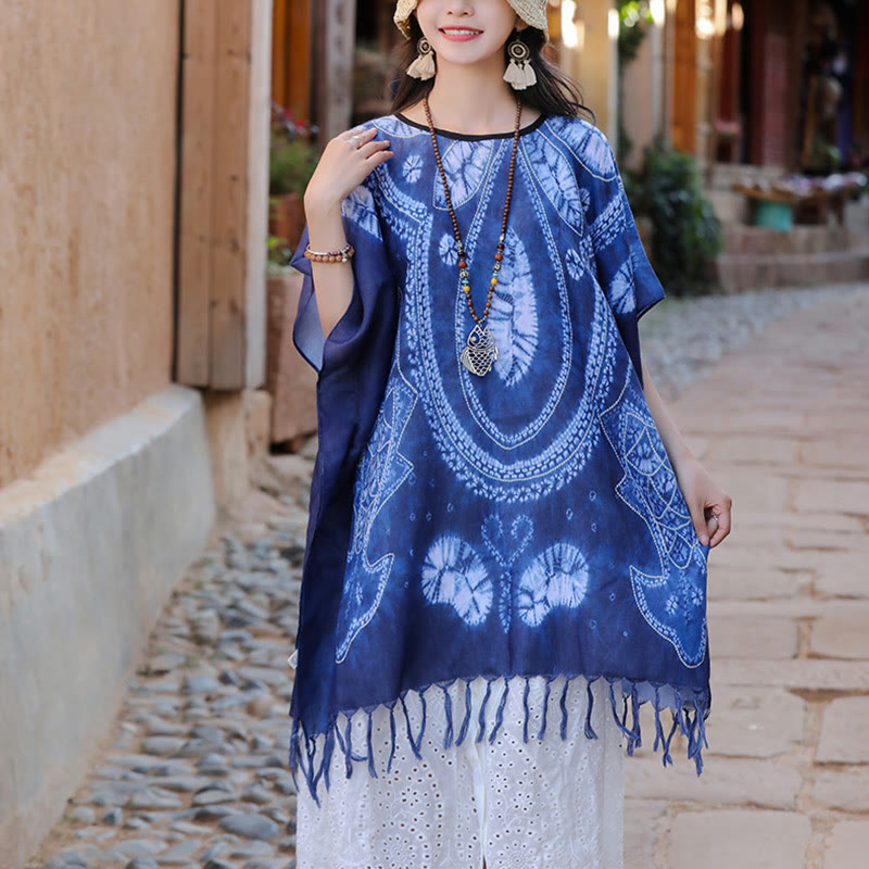 Blue Geometric Batik Draped Travel Meditation Shawl