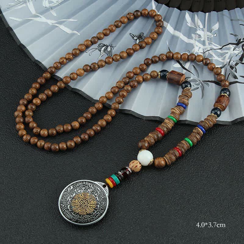 Tibetan Om Mani Padme Hum Prayer Wheel Rotation Vajra Wood Necklace Pendant