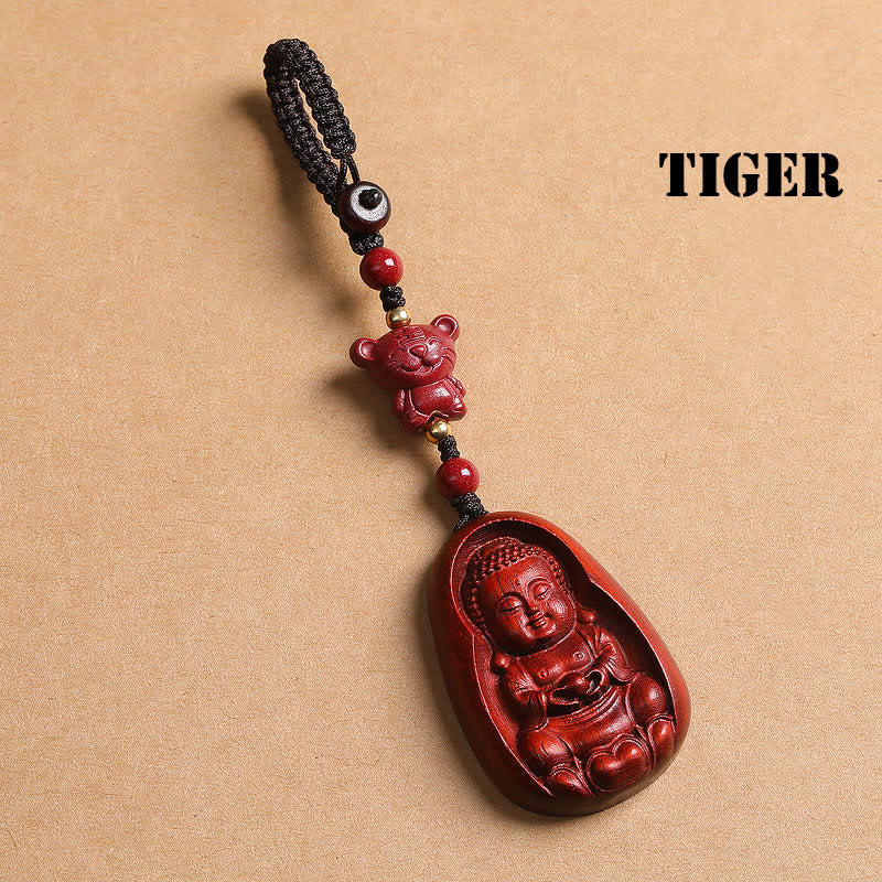 Small Leaf Red Sandalwood & Cinnabar Buddha Chinese Zodiac Carved Keychain