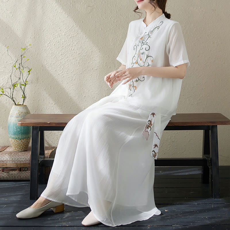 2Pcs Flower Embroidery Short Sleeve Tee T-shirt Wide Leg Pants Set