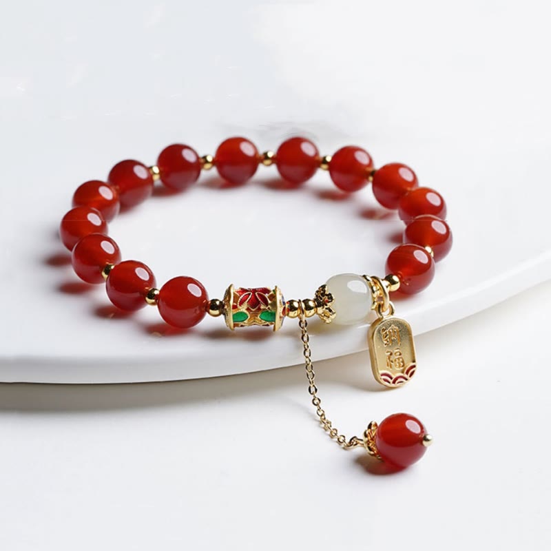 Natural Red Agate and Hetian Jade Copper Fu Symbol Beaded Charm Bracelet