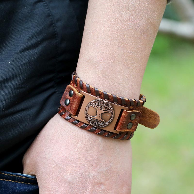 Handmade Tree of Life Copper Wide Leather Cuff Bracelet for Men and Women