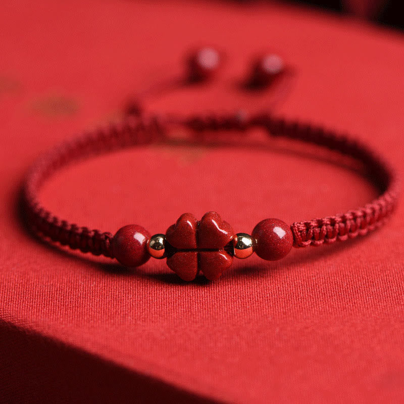 Hand-Woven Red String Cinnabar Clover and Flower Charm Bracelet