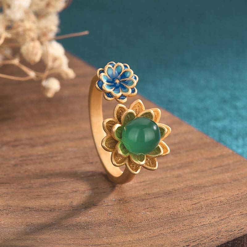 Adjustable Hand-Finished Jade Lotus Pattern Ring