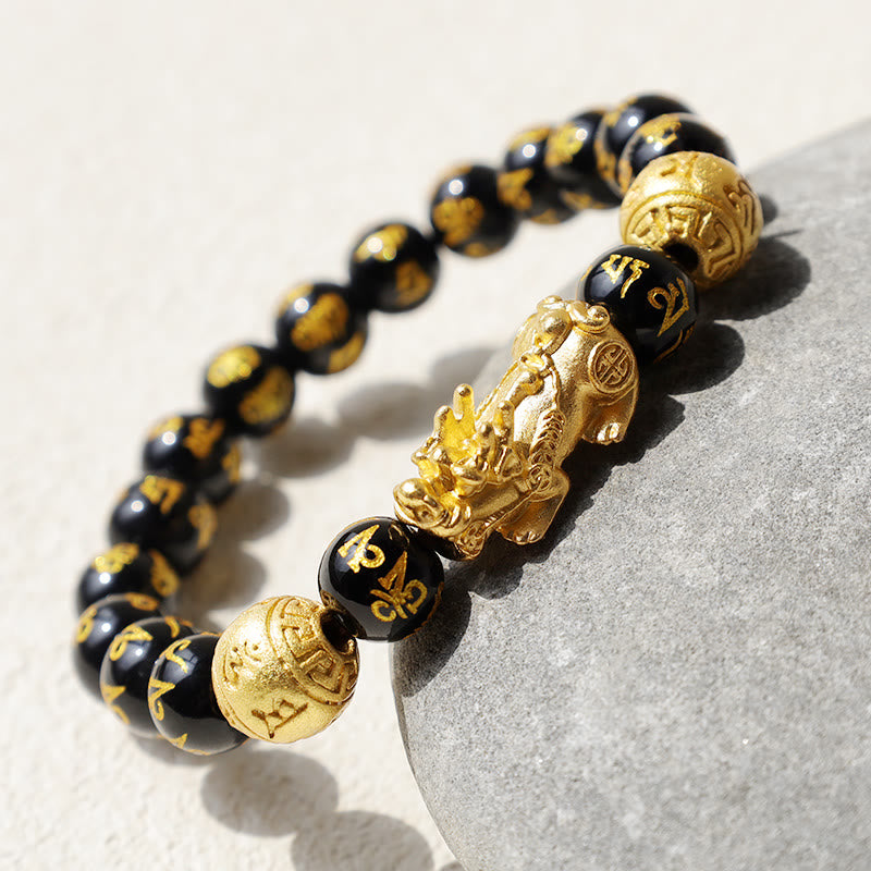 Om Mani Padme Hum Inscribed Black Obsidian & Agate Pixiu Beaded Bracelet