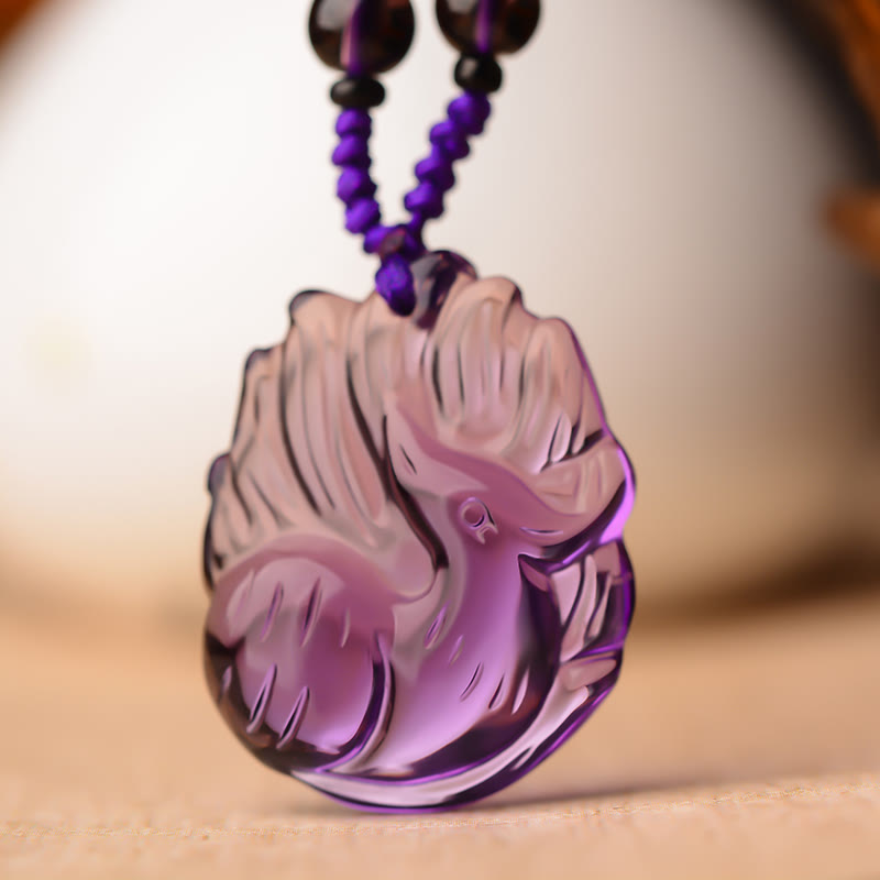 Natural Amethyst White Crystal Citrine Nine Tailed Fox Luck Necklace Pendant