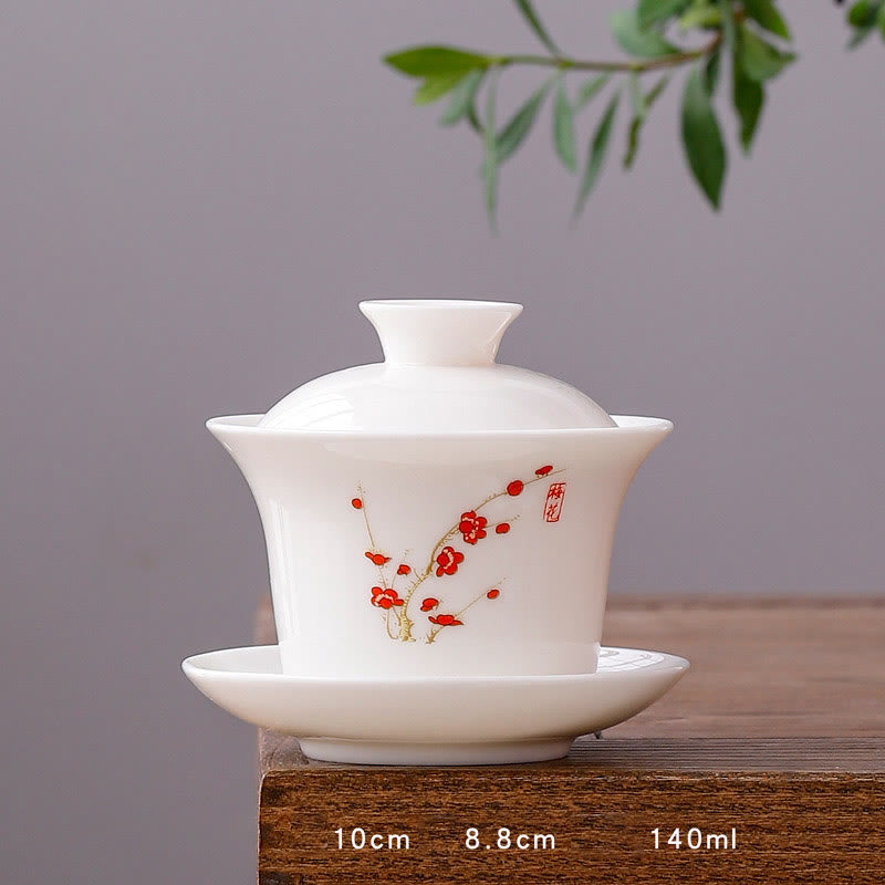 White Porcelain Mountain Landscape Countryside Ceramic Gaiwan Teacup Kung Fu Tea Cup And Saucer With Lid