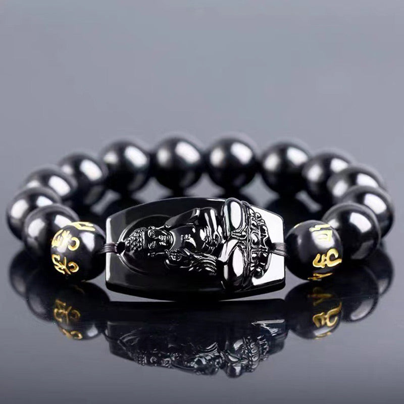 Hand-Carved Black Obsidian Om Mani Padme Hum Chinese Zodiac Beaded Bracelet