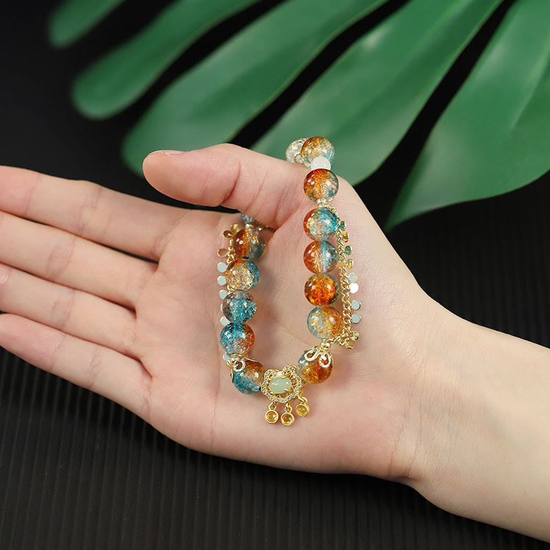Colorful Liuli Glass Bead Chinese Lock Charm Fortune Bracelet