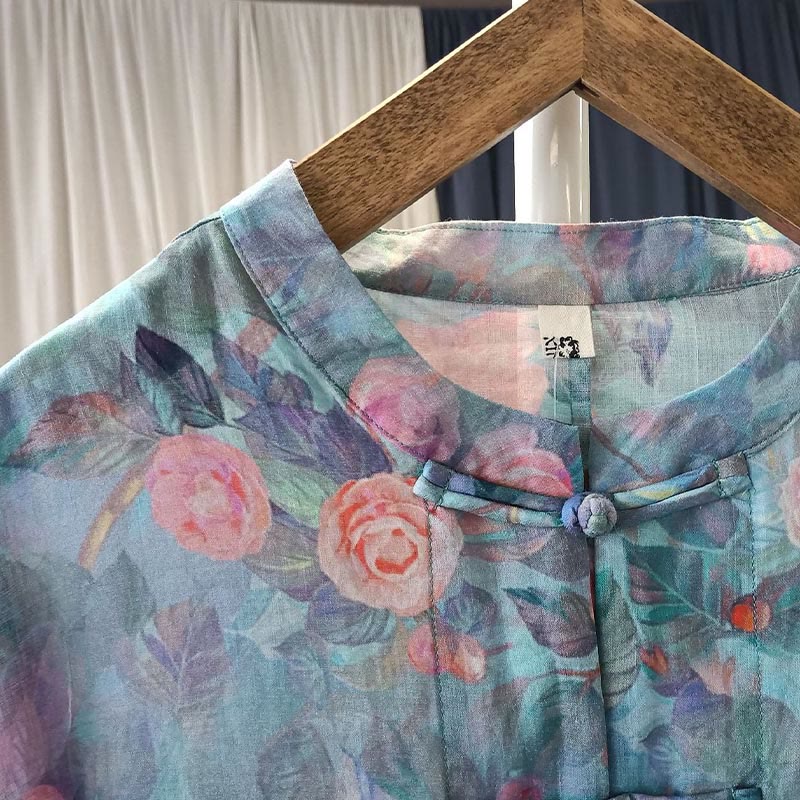 Pink Flowers Green Leaves Print Frog-button Design Long Sleeve Ramie Linen Jacket Shirt