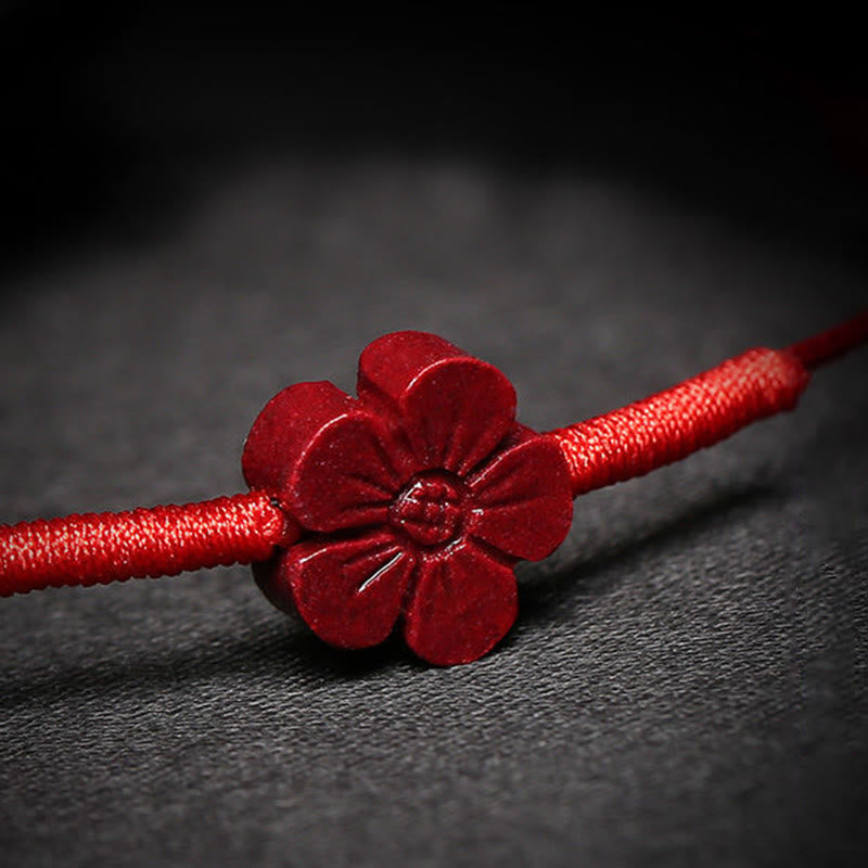Handmade Cinnabar Braided Red String Bracelet with Carved Symbolic Charms