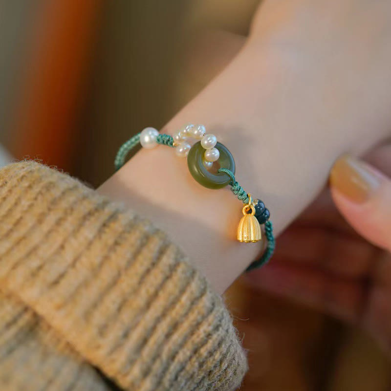 Natural Hetian Jade Peace Buckle Pearl Luck Handcrafted Braided Bracelet