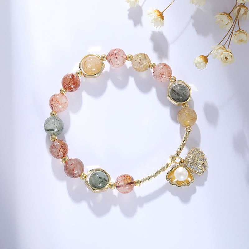Natural Colorful Rutilated Quartz Shell Protection Bead Bracelet