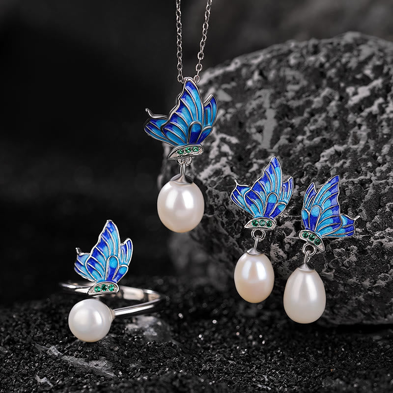 925 Sterling Silver Pearl Butterfly Healing Necklace Pendant Earrings Ring